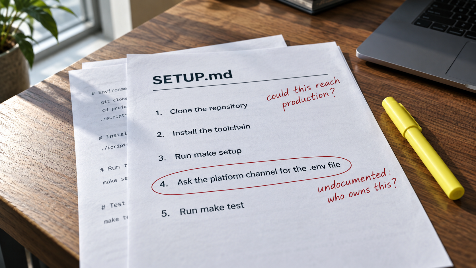 A printed SETUP.md runbook with step 4, ask the platform channel for the .env file, circled in red and annotated undocumented: who owns this? and could this reach production?