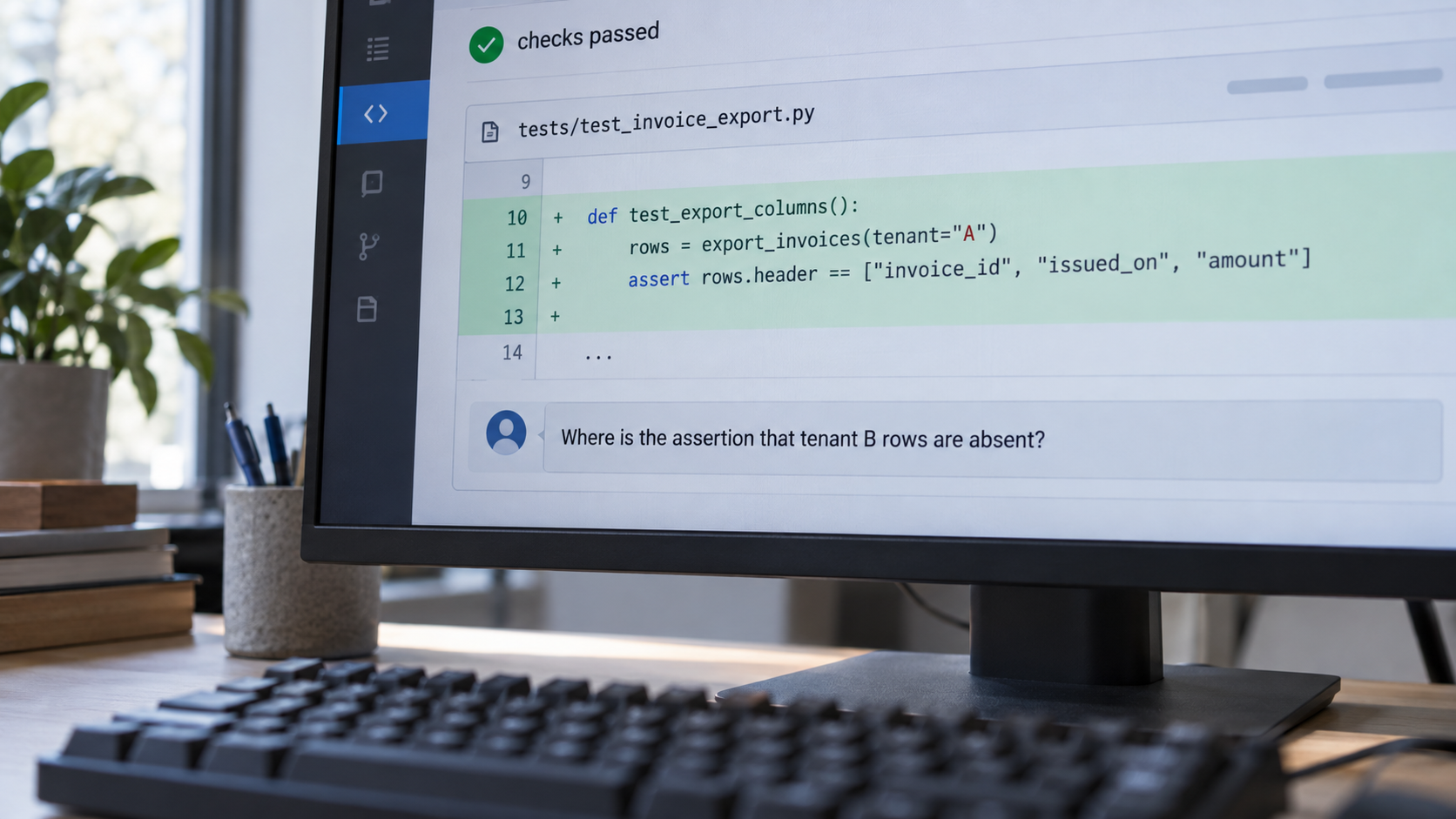 A code-review diff of tests/test_invoice_export.py checks only the export columns for tenant A; checks passed, and a reviewer asks where the assertion that tenant B rows are absent is.