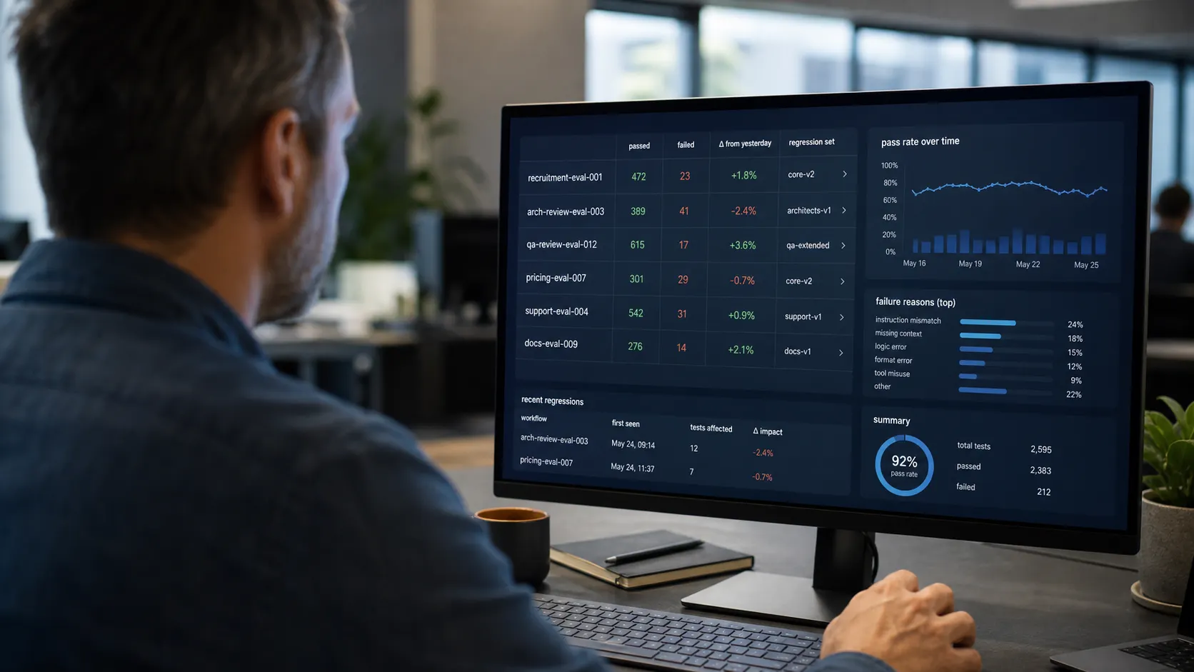 Senior operator in a modern open-plan office reviewing an evaluation report on a monitor - over-the-shoulder framing showing passed/failed counts, regression-set names, and a trend chart; daylight from background windows mixed with cool monitor-glow on the operator's face and hand