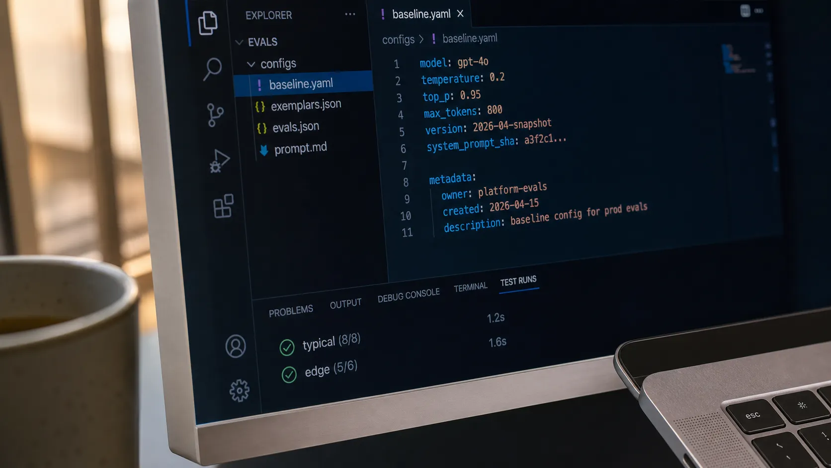 A VS Code editor showing a baseline.yaml config with model, temperature, max_tokens and version fields, a file tree, and green passing test-run checks