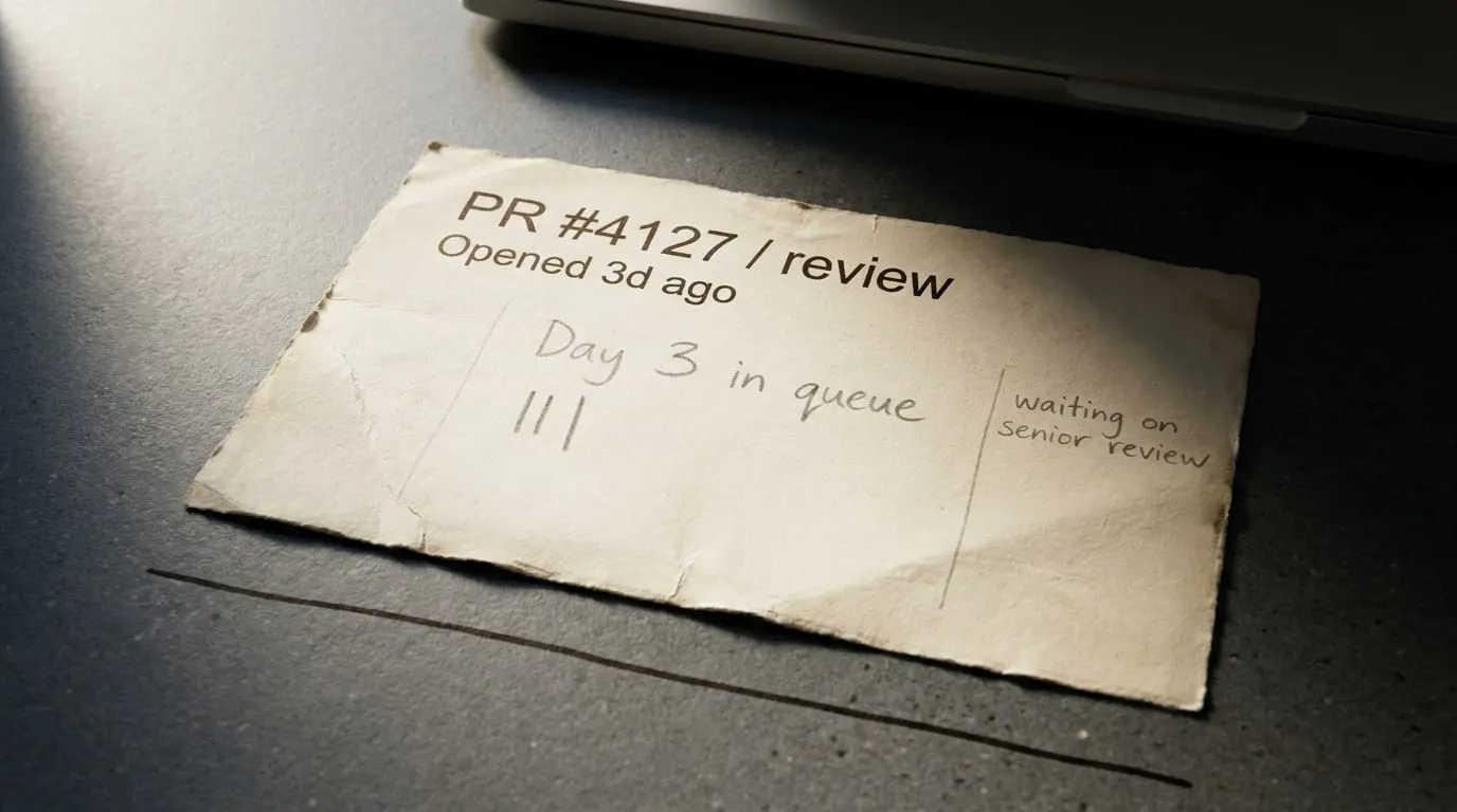 A single PR review card headed 'PR #4127 / review' with 'Opened 3d ago', a handwritten 'Day 3 in queue' with three tally marks, and a margin note 'waiting on senior review', signaling queue aging.
