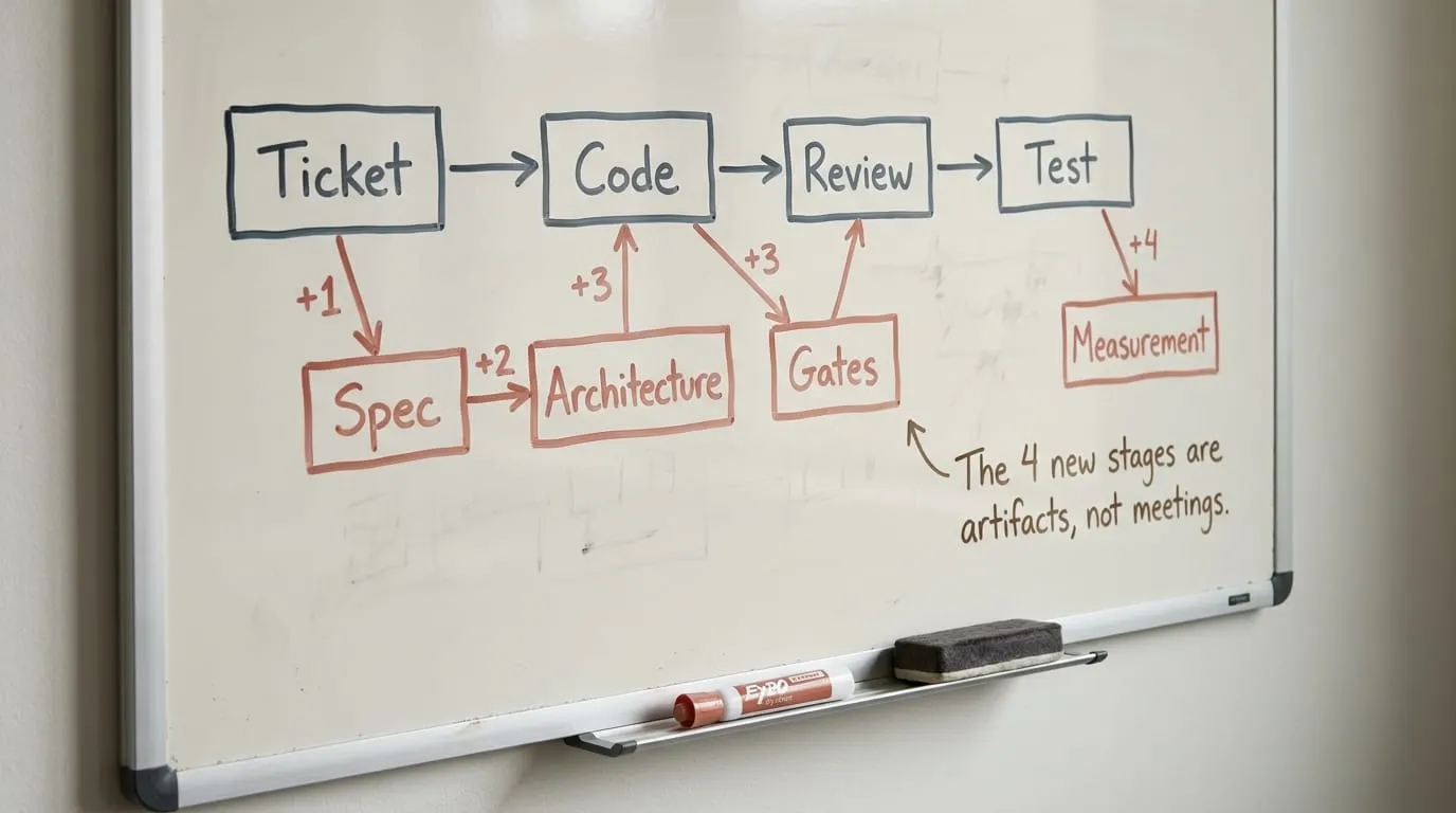 A single-line user-story ticket reading 'As a user I want to filter by status' beside a structured intent spec with GOAL, SUCCESS CRITERIA, ACCEPTANCE EVIDENCE, OUT-OF-SCOPE, and FAILURE MODES.