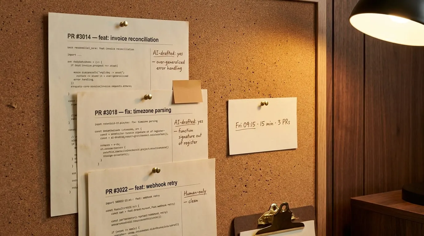 Three pinned pull request pages annotated in a Friday review: 'AI-drafted: yes, over-generalized error handling', 'AI-drafted: yes, function signature out of register', and 'Human-only, clean', beside a card reading 'Fri 09:15, 15 min, 3 PRs'.