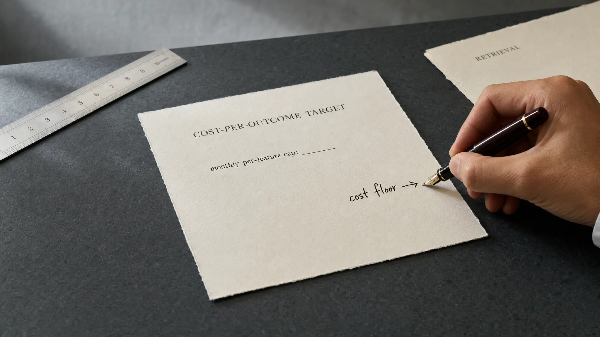 A document headed Cost-Per-Outcome Target with a 'monthly per-feature cap' clause and a second labeled Retrieval, as a hand writes 'cost floor' in the margin.