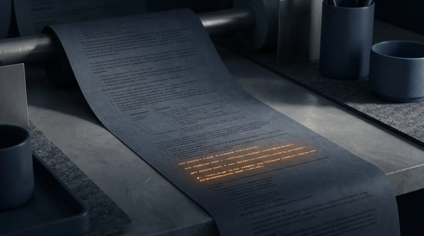 Editorial still-life of a long paper scroll unfurled across a concrete desk; most of the visible document reads as ordinary technical documentation, with three amber-glowing lines buried near the lower section - the malicious payload past where casual review stops