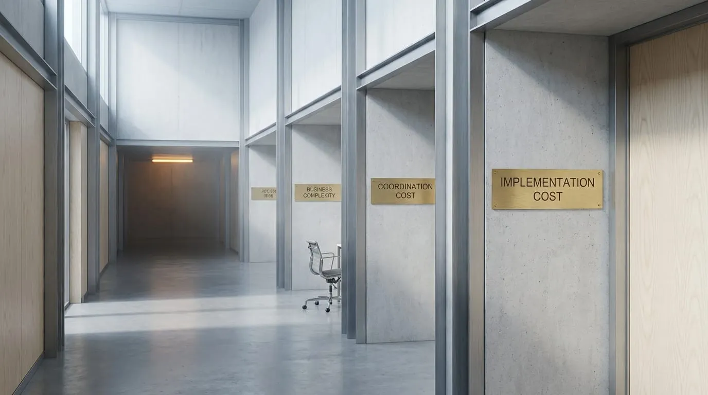 An architectural interior with directional brass signage plates marking four labeled bays: implementation cost, business complexity, coordination cost, review risk.