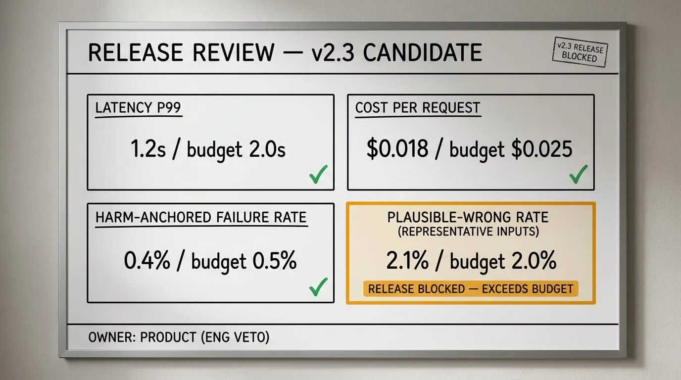 Whiteboard release-review v2.3: latency p99, cost-per-request, harm-anchored failure rate pass; plausible-wrong rate is RELEASE BLOCKED - EXCEEDS BUDGET.
