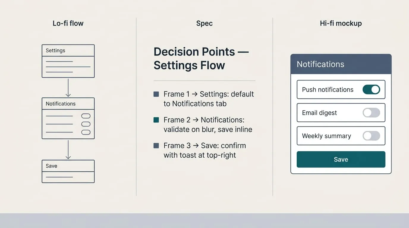 Three panels: a lo-fi Settings-Notifications-Save flow, a Decision Points spec with three bullets, and a hi-fi Notifications mockup with toggles and a Save button