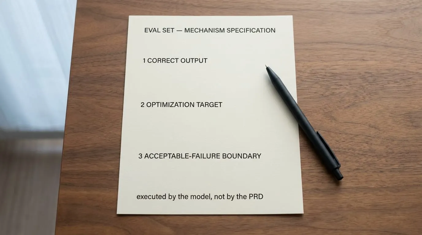 An eval-set spec page headed "MECHANISM SPECIFICATION" lists three numbered layers: "CORRECT OUTPUT", "OPTIMIZATION TARGET", "ACCEPTABLE-FAILURE BOUNDARY".