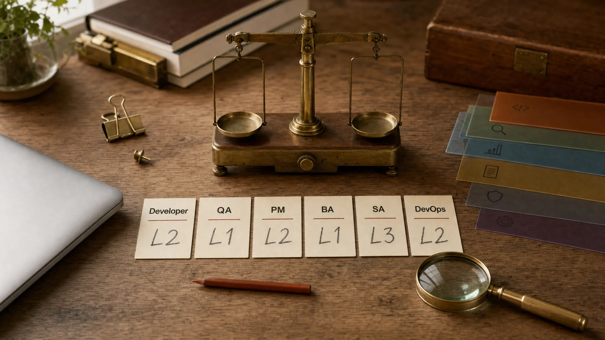 Six role cards labelled Developer, QA, PM, BA, SA, DevOps, each marked with a level (L2, L1, L2, L1, L3, L2), beside a brass balance and a magnifying glass.