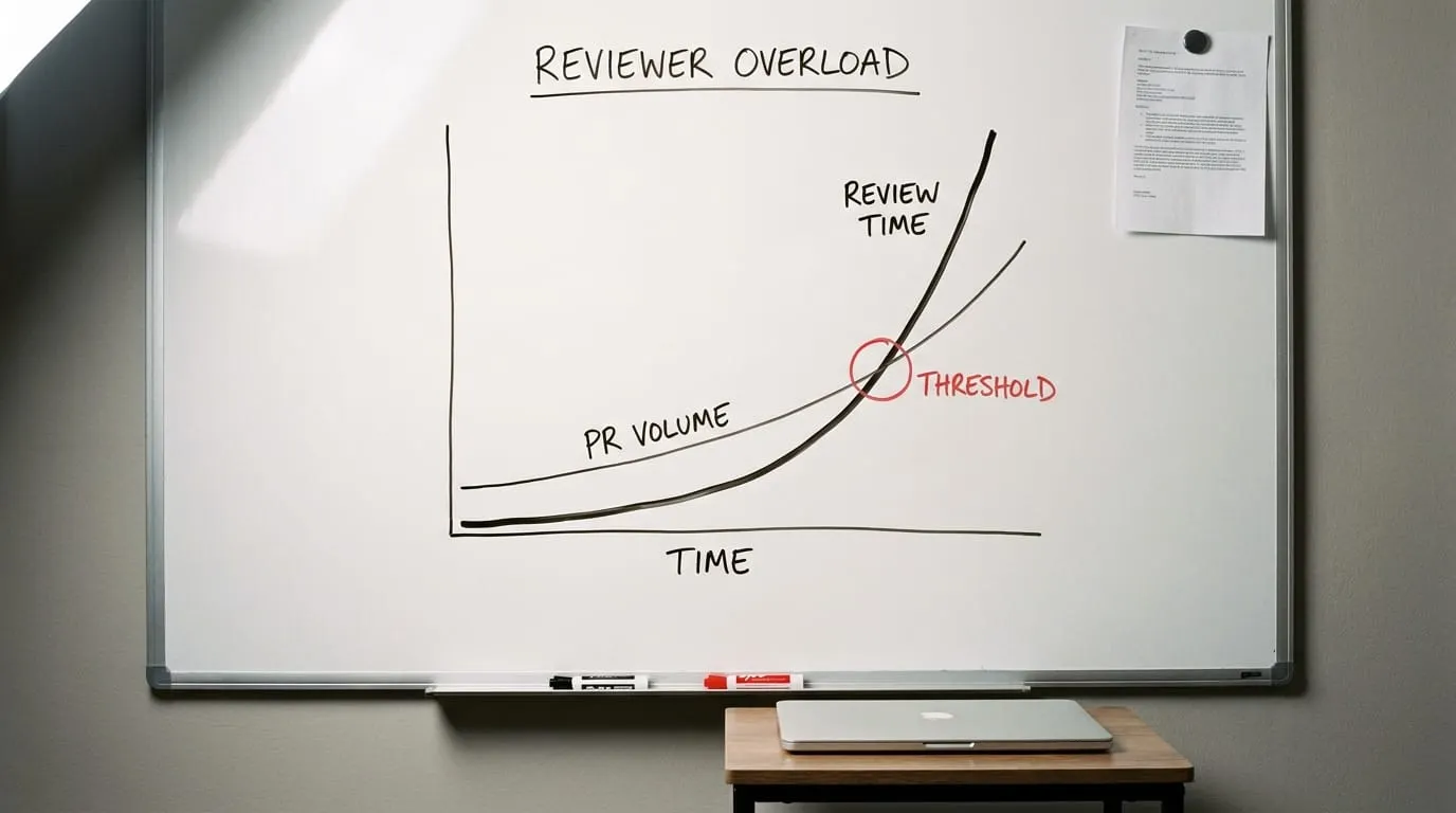 Whiteboard chart titled "Reviewer Overload" showing a Review Time curve steepening past a rising PR Volume line, with the crossing point marked "Threshold".