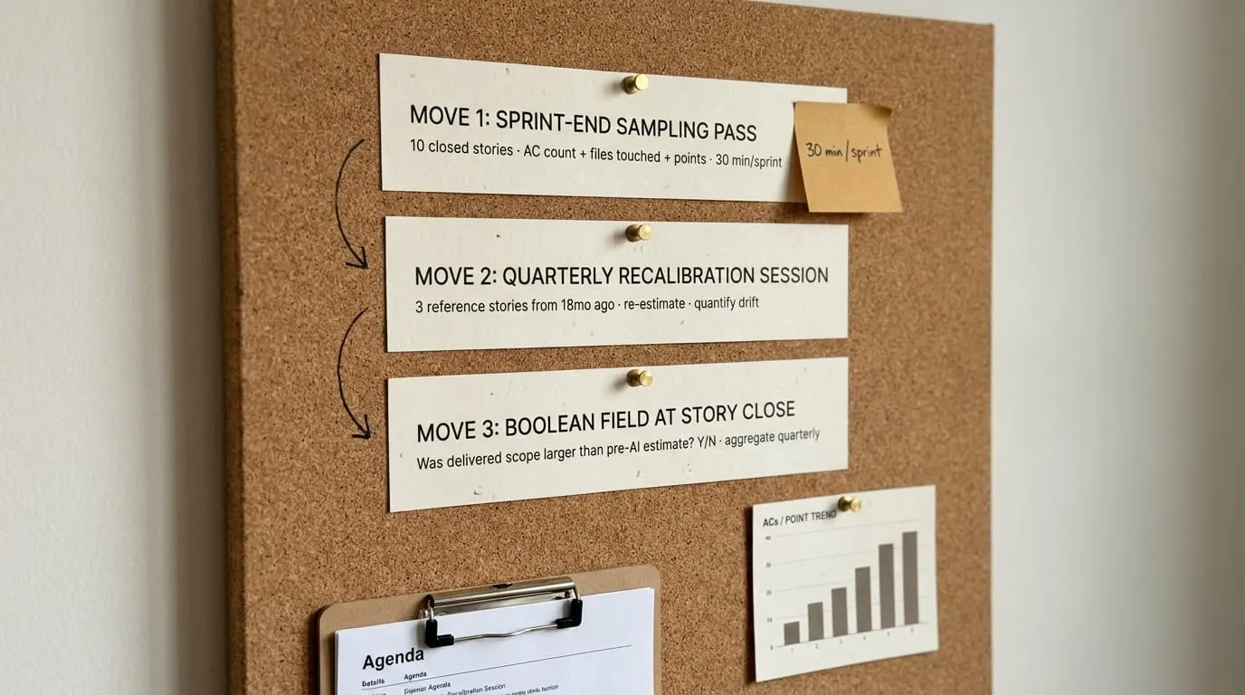 A cork board pinned with three vertically-stacked move-cards labeled 'Move 1: Sprint-End Sampling Pass', 'Move 2: Quarterly Recalibration Session', and 'Move 3: Boolean Field at Story Close', connected by hand-drawn ink arrows, with a small ACs/POINT TREND bar-chart pinned below and a clipboard with printed agenda at the lower edge.