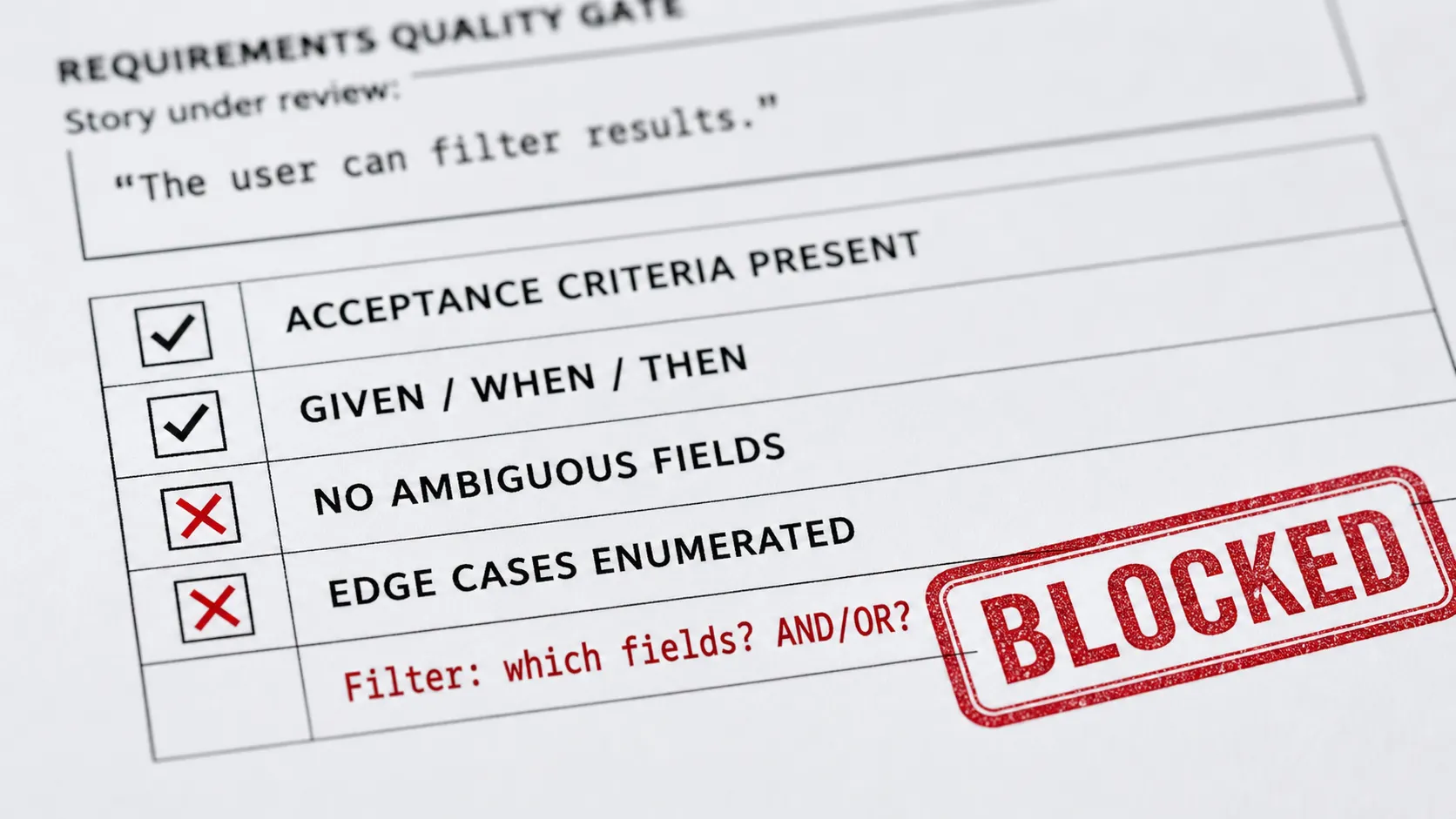 A requirements quality-gate validation checklist in macro, reading a story for testability, with a red BLOCKED stamp struck across the failing ambiguous-fields item