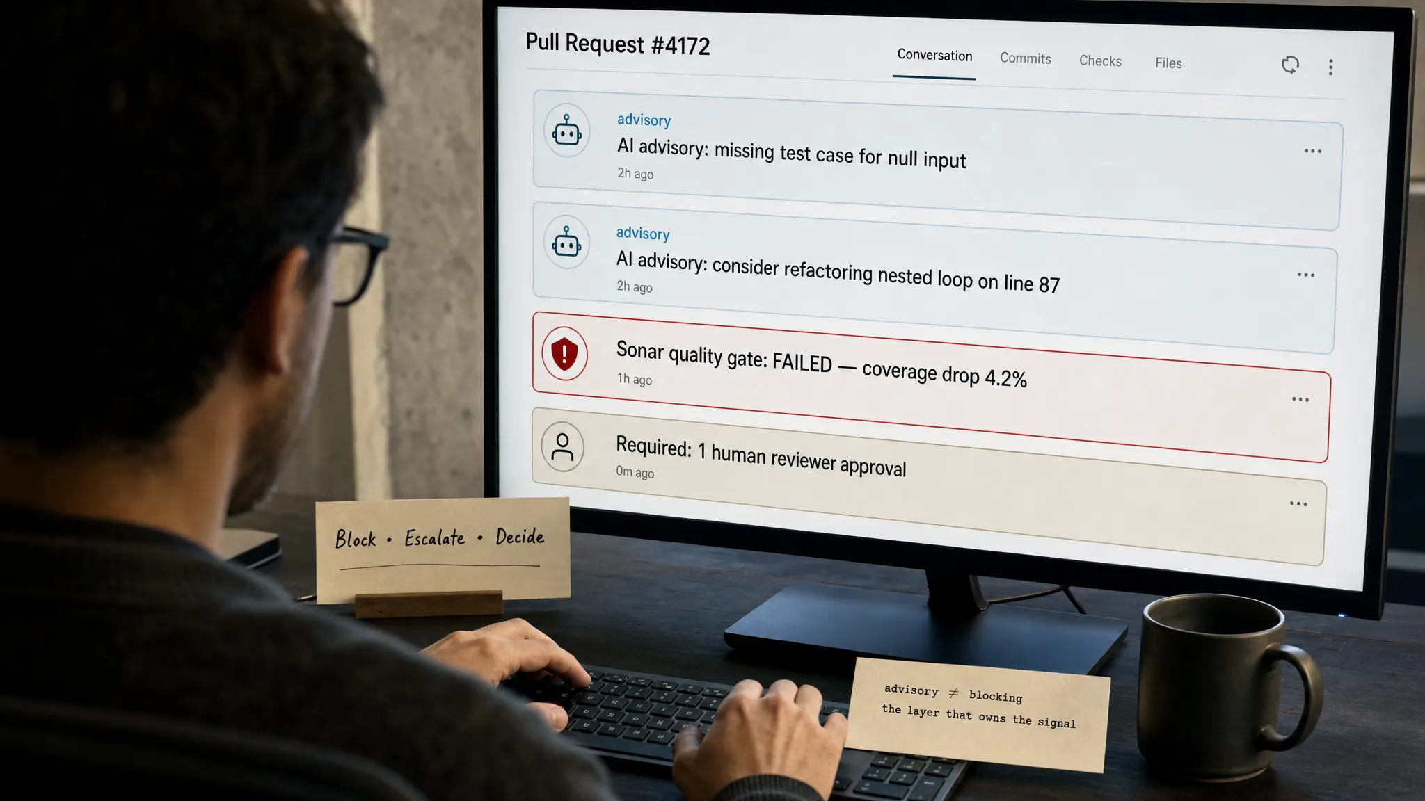 An engineer reviewing Pull Request #4172, showing two AI advisory comments, a red Sonar quality gate failure reading 'coverage drop 4.2%', a human-approval requirement card, and notes reading 'Block, Escalate, Decide'.