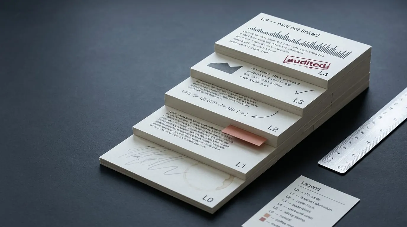 Five-tier physical stack of paper PR/ticket cards on a dark slate worktop, lowest tier sparse and handwritten (L0), top tier carrying a sparkline chart and an oxblood "audited" rubber-stamp (L4), brushed-aluminium ruler alongside, eye-level oblique view