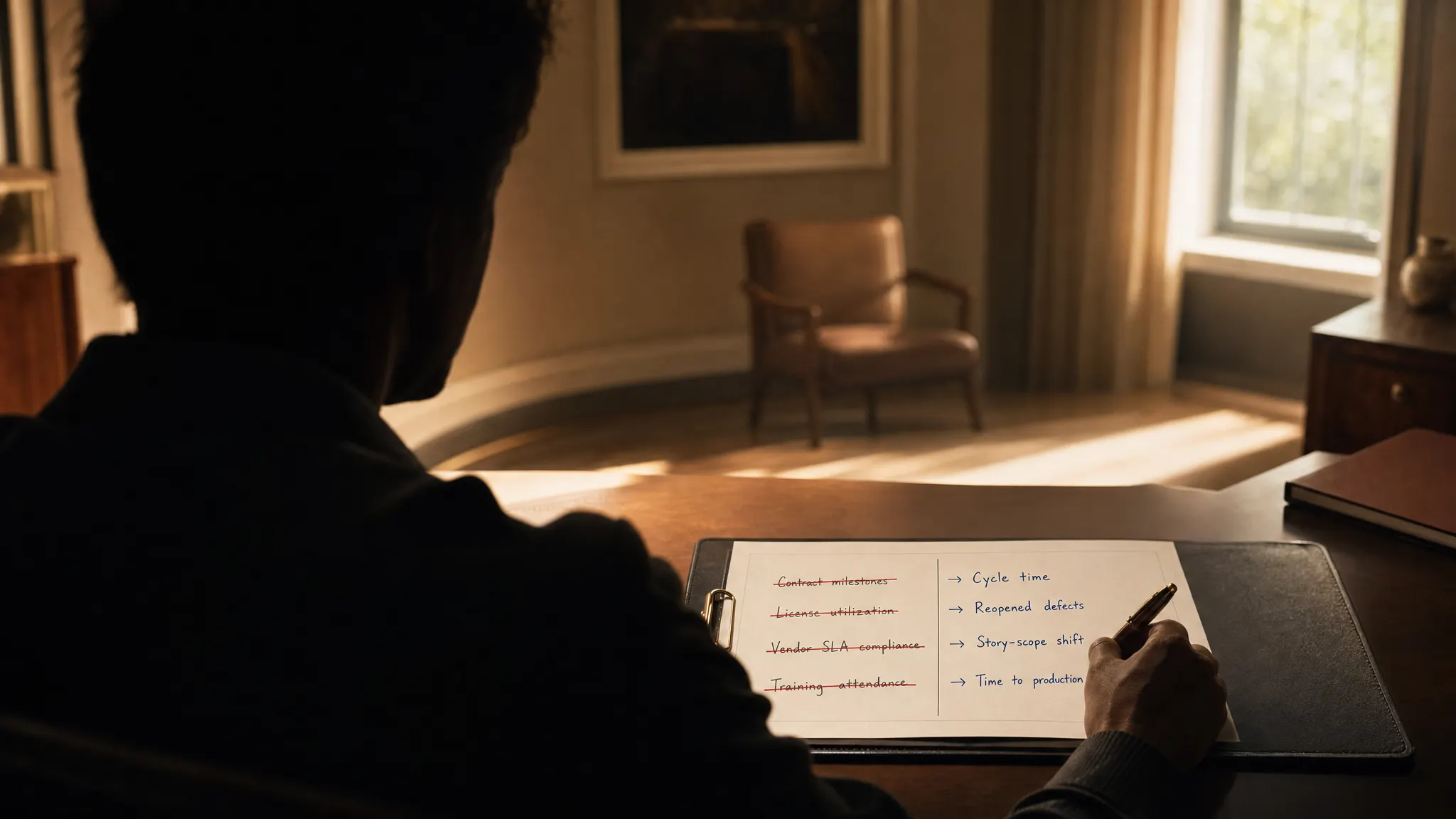 A hand annotates a program-status agenda, striking through procurement metrics in red and adding delivery metrics like cycle time and reopened defects in blue.
