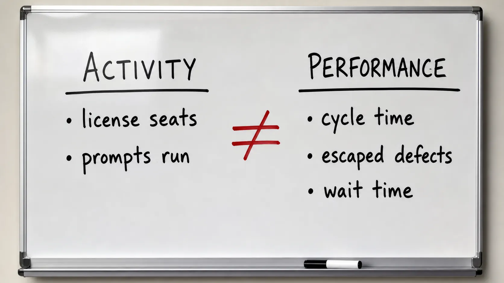A whiteboard with an ACTIVITY column (license seats, prompts run) and a PERFORMANCE column (cycle time, escaped defects, wait time), a red not-equals mark between them.