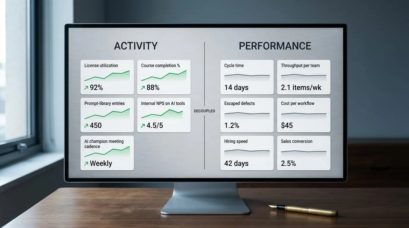 Two dashboards side by side split by a Decoupled divider: an Activity dashboard of five metric cards trending up green, and a Performance dashboard of six metric cards trending flat.