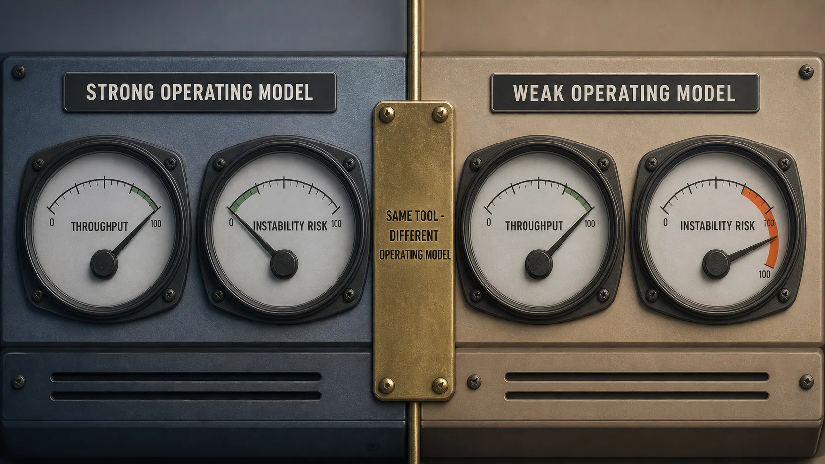 Diptych of paired throughput and instability-risk gauges, the same instrument under two operating models: on the strong side the instability-risk needle sits left in the green safe zone for low risk, while on the weak side it has swept right into the orange danger band for high risk