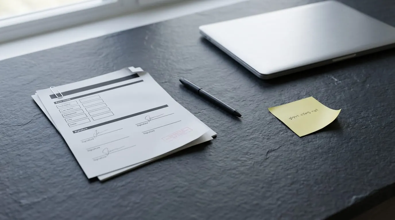 Two access paths compared: a paper-clipped multi-page IT access-request form with signature lines on the left, a single small Post-it note on the right