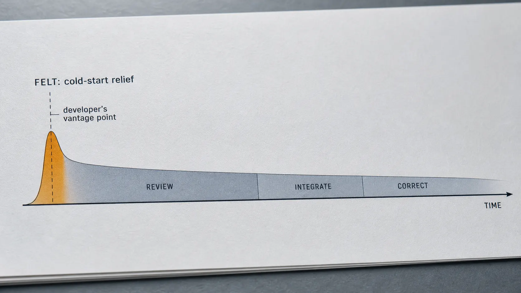 An editorial mechanism timeline running left to right: a bright tight peak at the far left labeled FELT cold-start relief, trailing into a long shallow shaded band segmented and labeled REVIEW, INTEGRATE, CORRECT whose total area dwarfs the peak, with a faint developer vantage-point marker sitting only at the left peak
