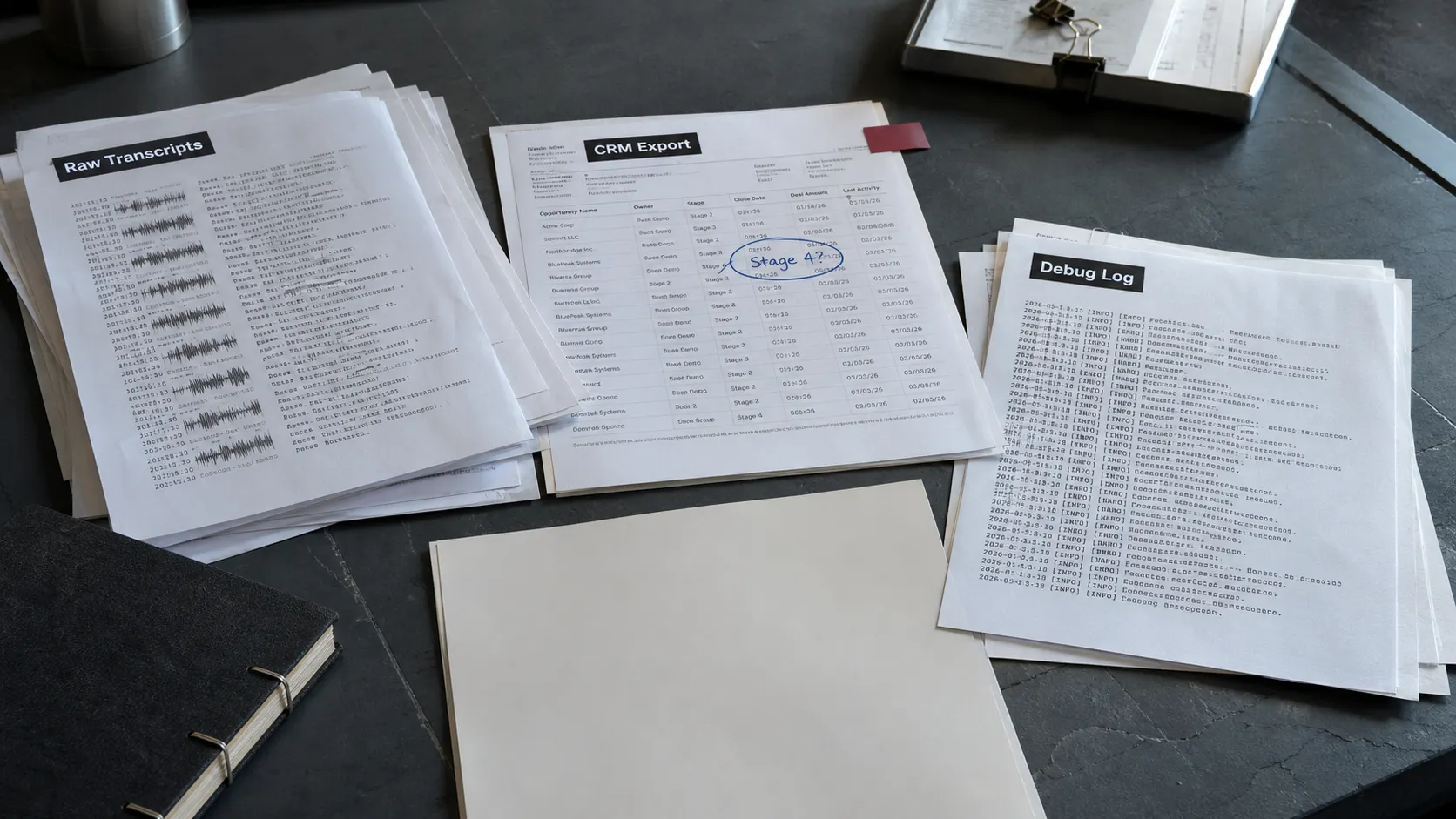 The fragmented, un-owned record before ownership: scattered Raw Transcripts, a CRM Export with a contradictory Stage 4? circled, and a Debug Log, with one blank slot where the owned record should be