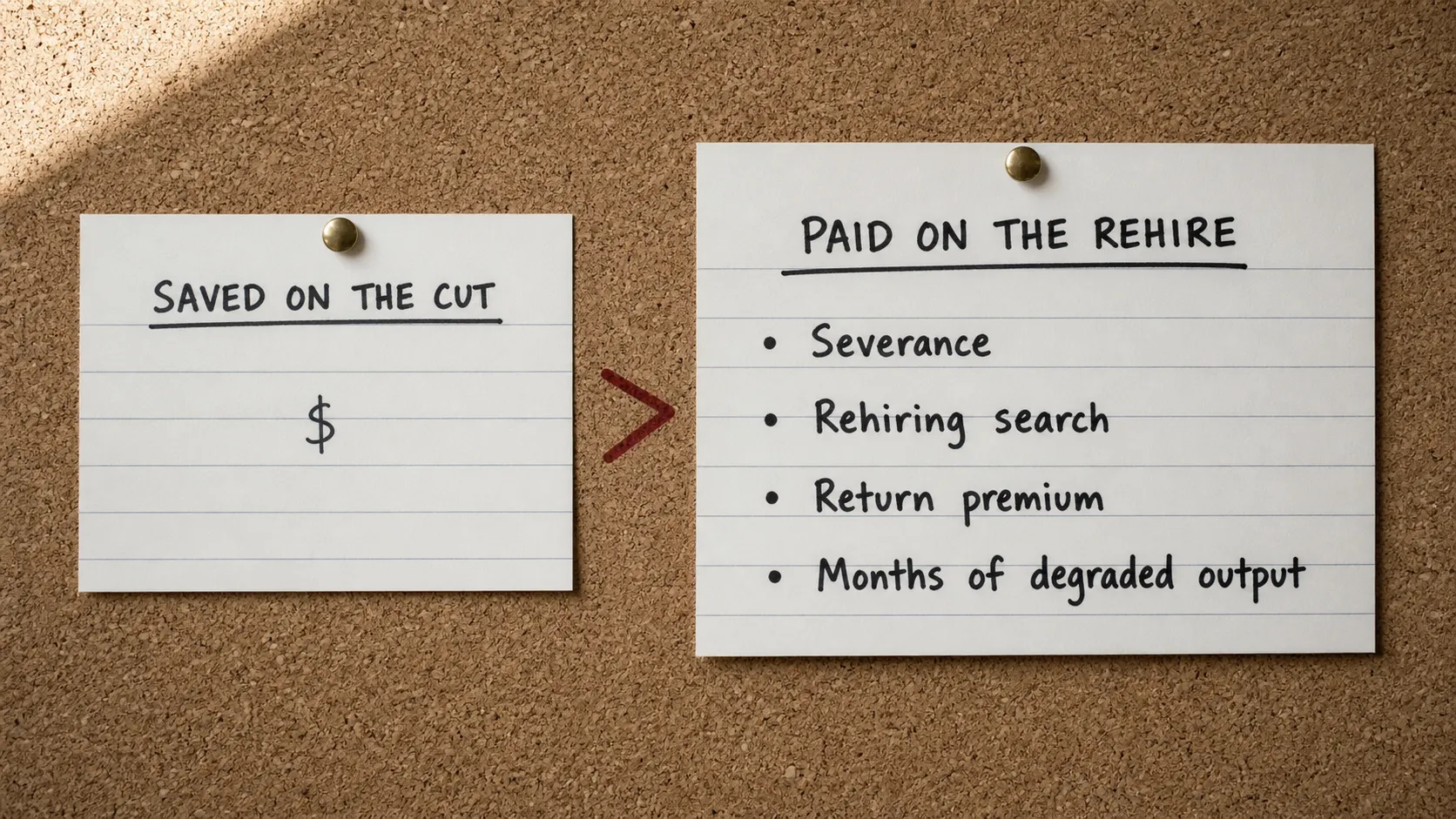 Two index cards pinned to a cork board: a sparse "Saved on the cut" card beside a crowded "Paid on the rehire" card listing severance, rehiring search, return premium, and degraded output