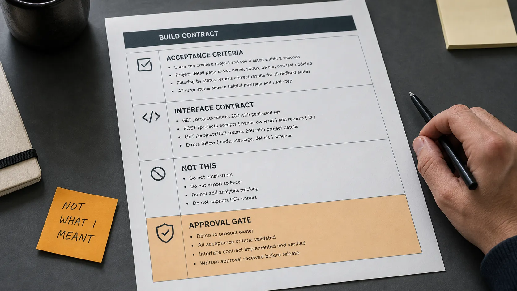 An over-the-shoulder view of a printed build contract with labelled acceptance criteria, interface contract, not-this list, and an amber approval gate, beside a discarded that-is-not-what-I-meant review note