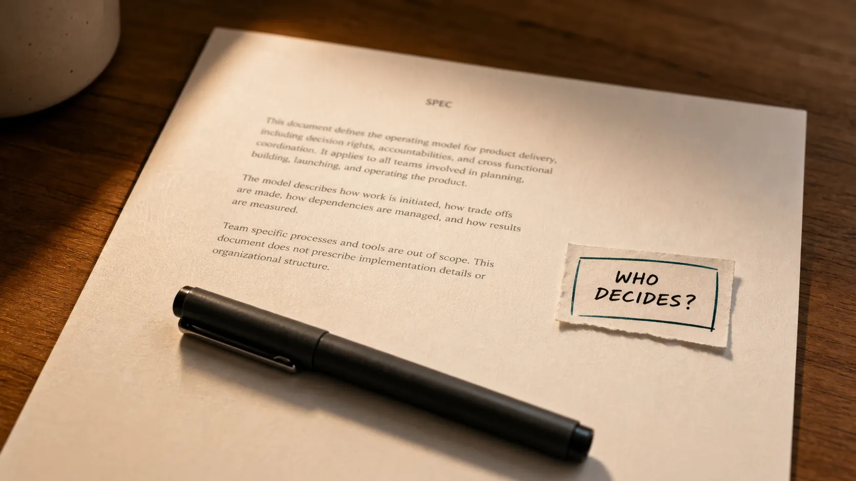 A single thin one-page spec on a desk with a handwritten WHO DECIDES margin note and a fine-liner pen laid across it, the unowned decision held as the focal point.