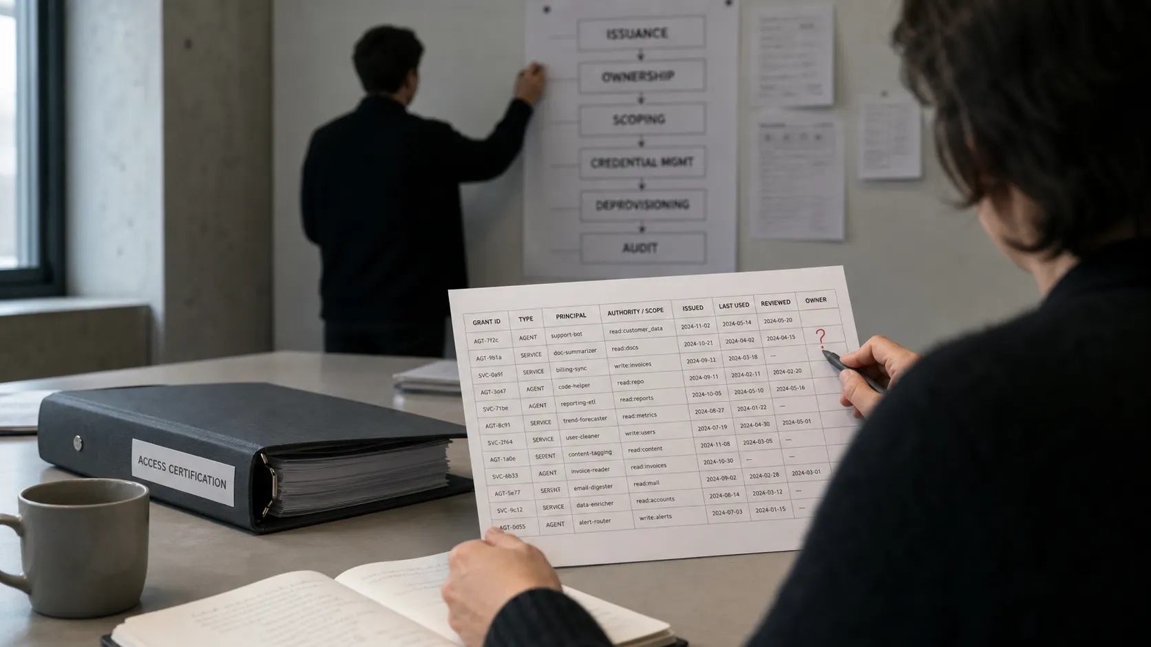 A platform and IAM lead annotating an access-certification sheet whose owner column is blank, beside a wall checklist of the six identity-lifecycle stages.
