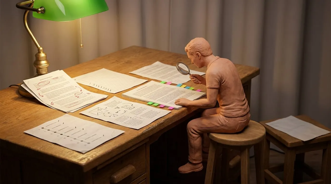 Five delivery artifacts spread on a desk: an annotated PR, a test plan, a requirements doc with tabs, an ADR sketch, and a postmortem, with an abandoned self-assessment sheet set apart.