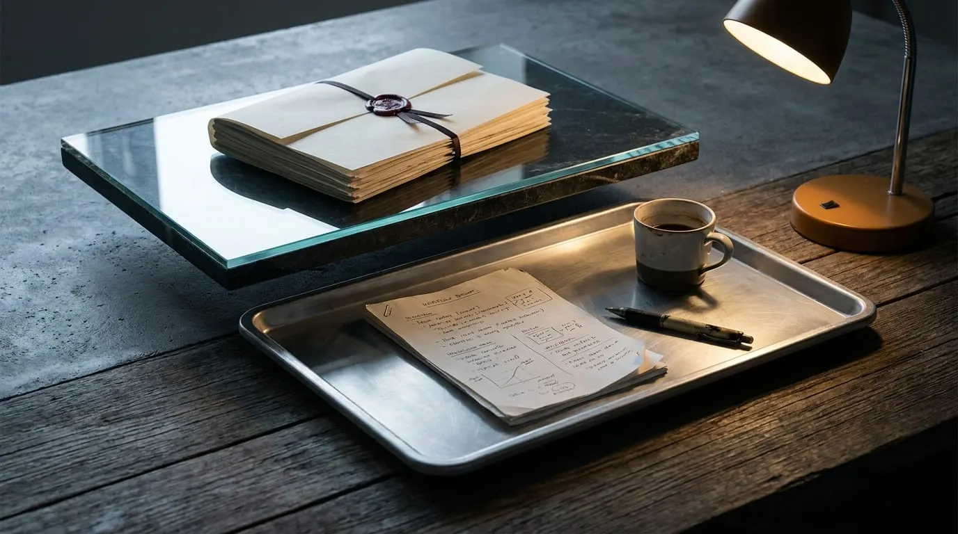 Two distinct physical layers that do not touch: an upper glass slab carrying a sealed vellum dossier with wax seal (the vendor's contained contractual artifact), and a lower brushed-aluminum tray carrying an open handwritten workflow page, a half-drunk ceramic mug, and a pen left at an angle (the operational workflow, hand-touched and in progress).