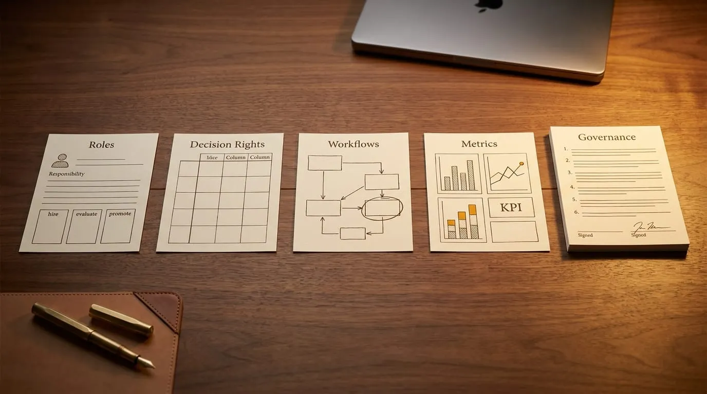 Five labeled operating-model documents in a row: Roles with hire/evaluate/promote boxes, Decision Rights as a table grid, Workflows as a flow diagram, Metrics with bar and line charts, and Governance with signature lines.