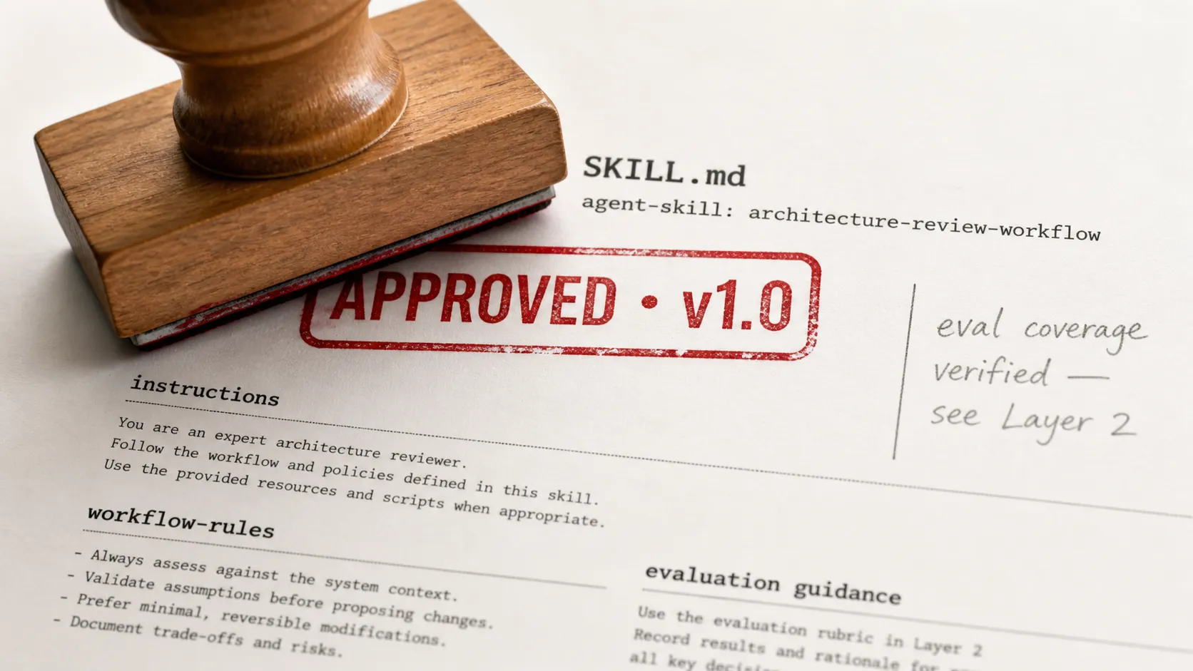 Macro photograph of a wooden-handled rubber stamp coming down on a printed SKILL.md document - fresh red 'APPROVED v1.0' ink impression visible alongside the document's section labels (instructions, workflow-rules, evaluation guidance) and a handwritten margin annotation reading 'eval coverage verified - see Layer 2'