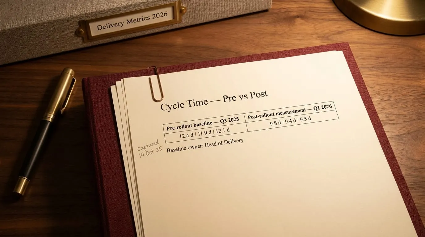 A 'Cycle Time - Pre vs Post' baseline document on a binder, its two-column table comparing pre-rollout Q3 2025 and post-rollout Q1 2026 numbers, footer 'Baseline owner: Head of Delivery', with a pen alongside.