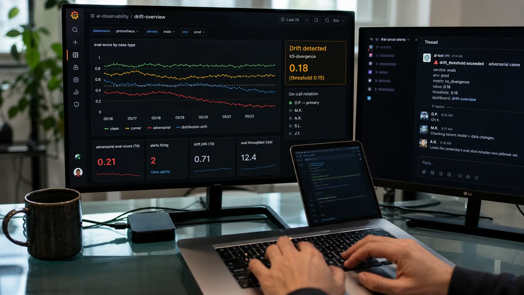 A Grafana-style drift dashboard with an eval-score time-series, a red adversarial regression and a Drift detected 0.18 tile, beside a Slack alert in an #ai-prod-alerts channel