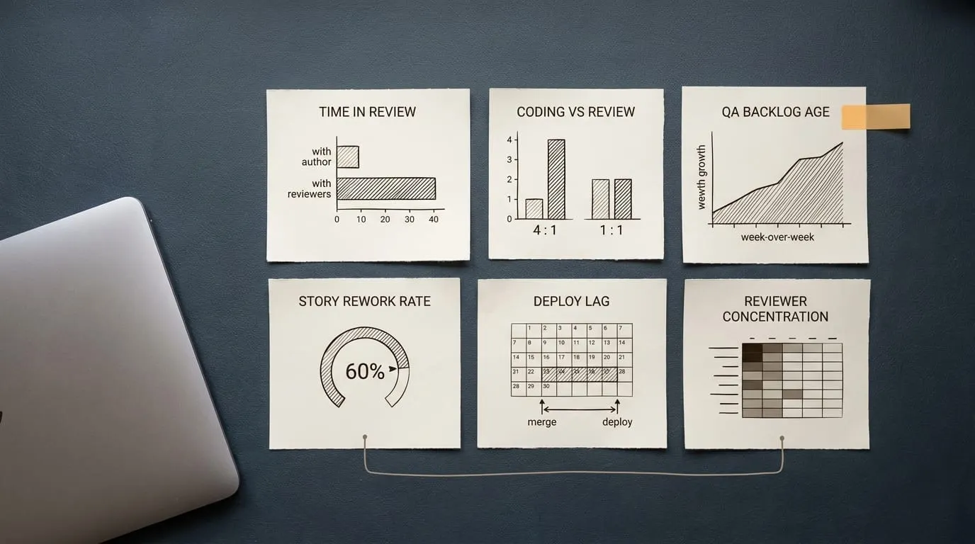 Six micro-chart cards in a grid: 'Time in Review' bars, 'Coding vs Review' ratio, 'QA Backlog Age' rising chart, 'Story Rework Rate' 60% gauge, 'Deploy Lag' calendar, and 'Reviewer Concentration' skewed bars.