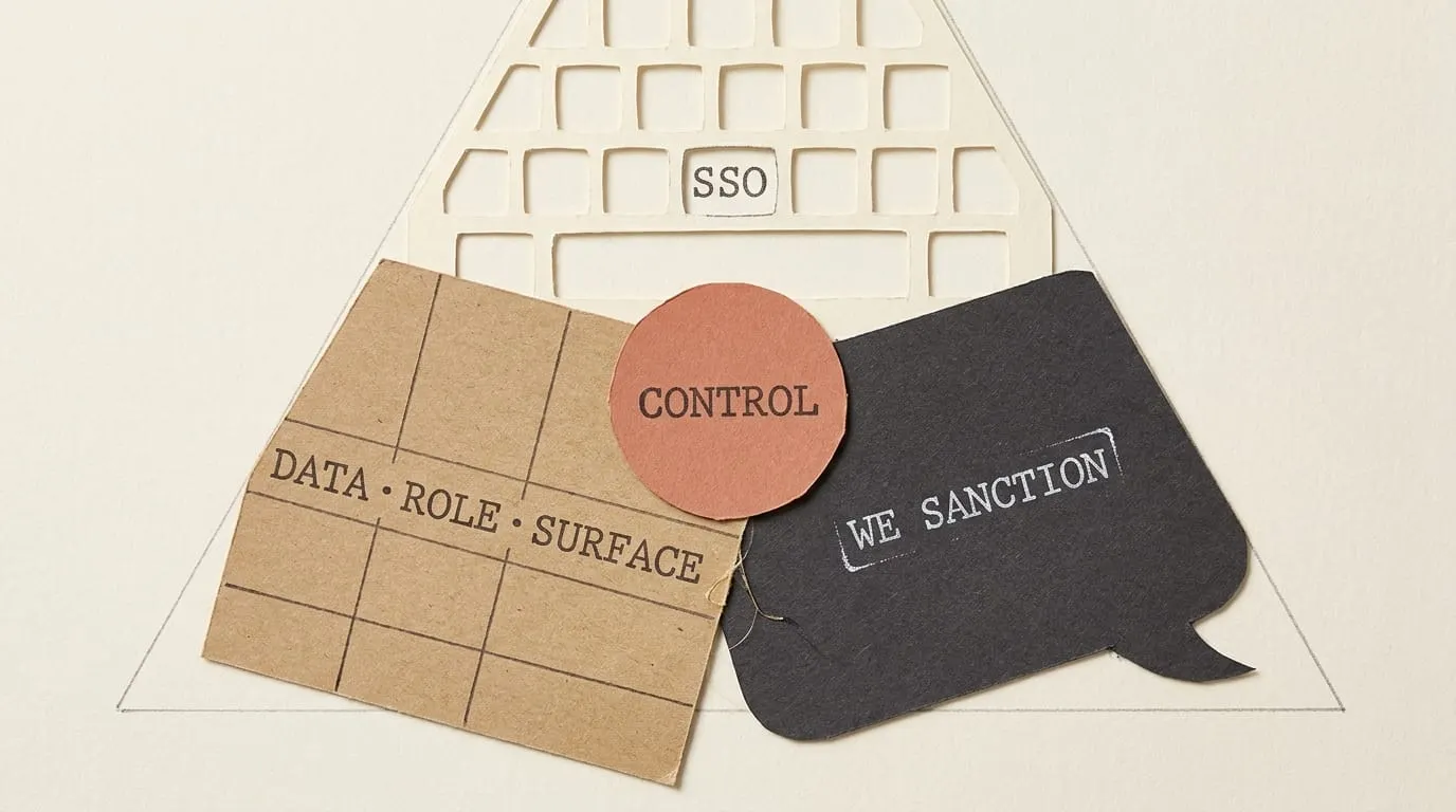 Three overlapping pillars: a keyboard with an SSO key, a DATA / ROLE / SURFACE grid, and a WE SANCTION speech bubble, meeting at a central CONTROL circle.