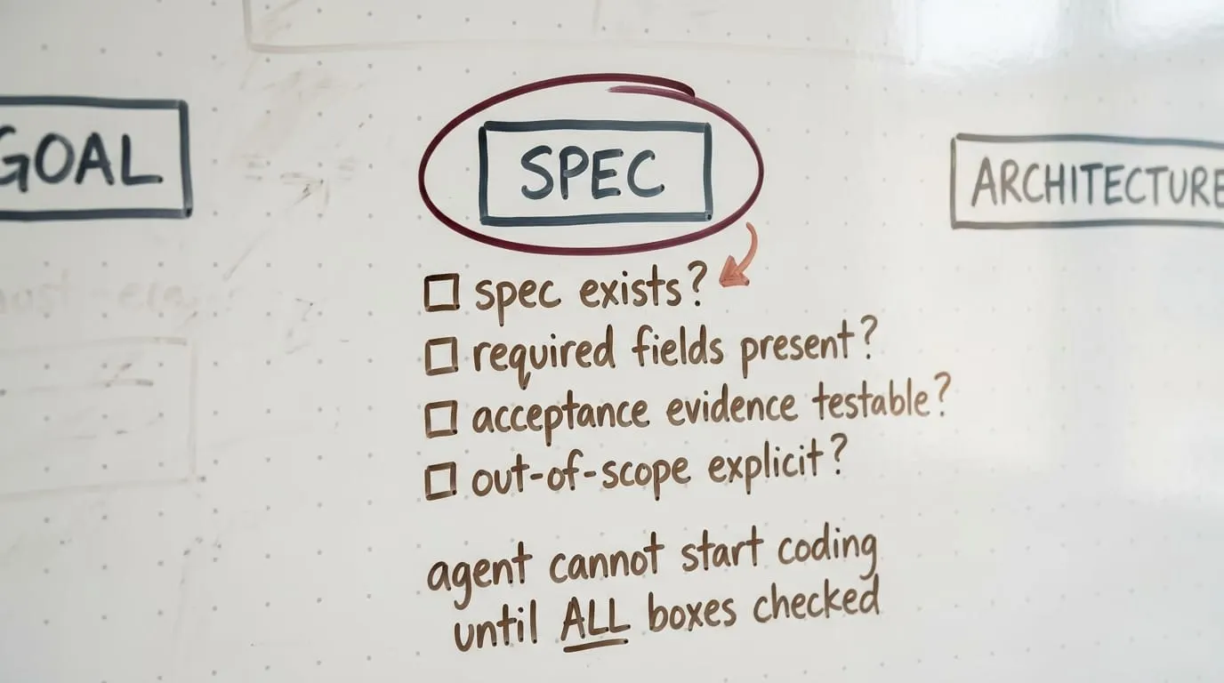Three stacked documents: a SPEC with Requirements, Acceptance Evidence and Out-of-Scope headings, a Phase Gate check report reading Checks Run 7, Status Passed, and a Ready for Implementation ticket.