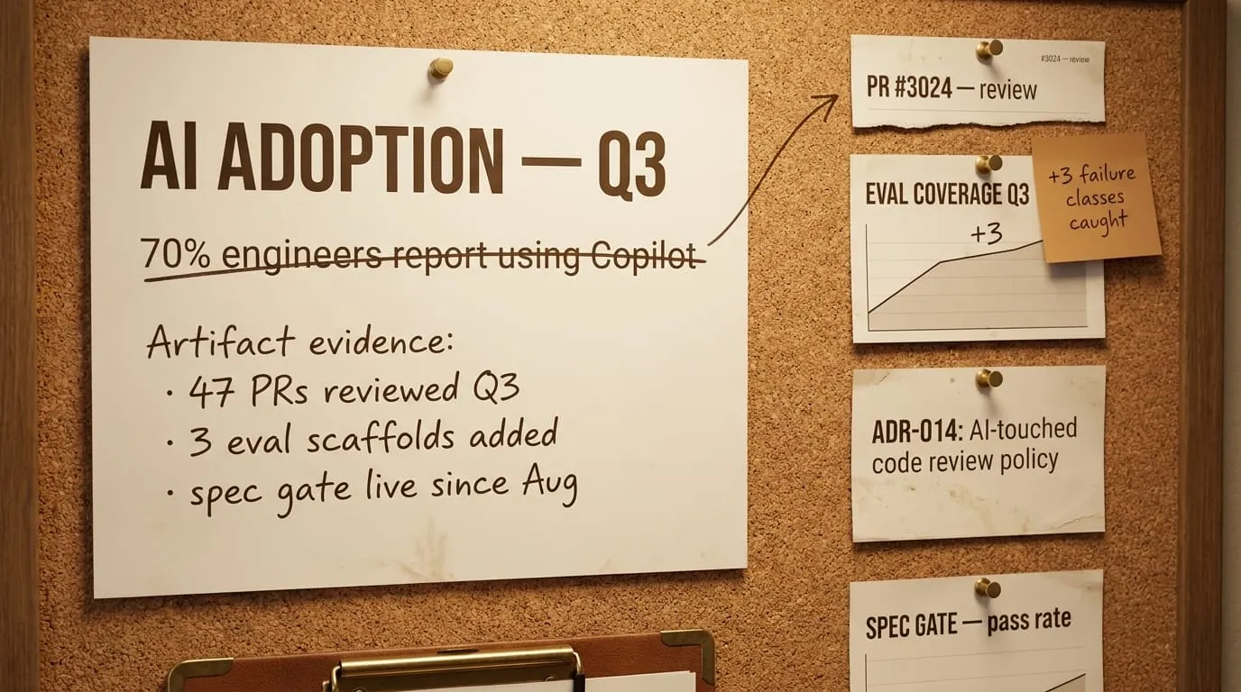 A board slide titled 'AI Adoption, Q3' with '70% engineers report using Cursor' struck through, replaced by artifact evidence: 47 PRs reviewed, 3 eval scaffolds, live spec gate, plus a pull request, eval-coverage chart, ADR-014 card, and spec-gate pass-rate card.