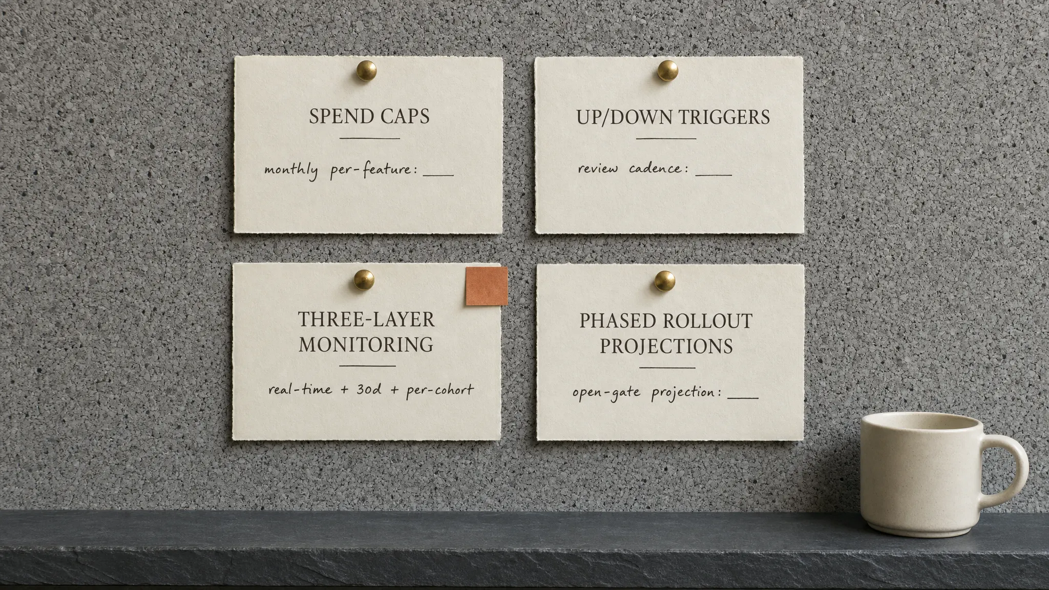 Four cards pinned in a 2x2 grid showing the cost-policy layers: Spend Caps, Up/Down Triggers, Three-Layer Monitoring, and Phased Rollout Projections, each with a short policy sub-line.
