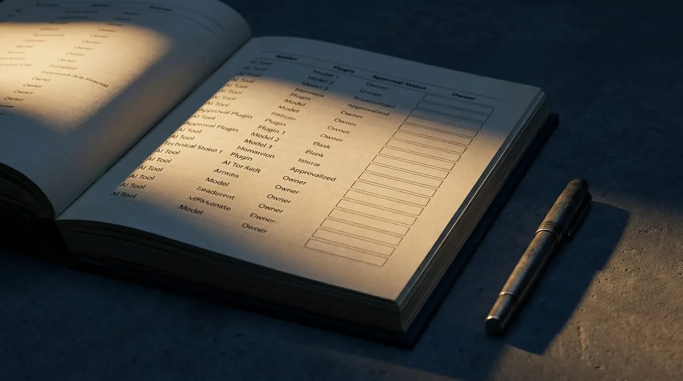 Open physical ledger on a concrete desk with a capped fountain pen set aside; the visible columns include Model, Plugin, Approval Status, and Owner - the Owner column shows empty boxes across most rows