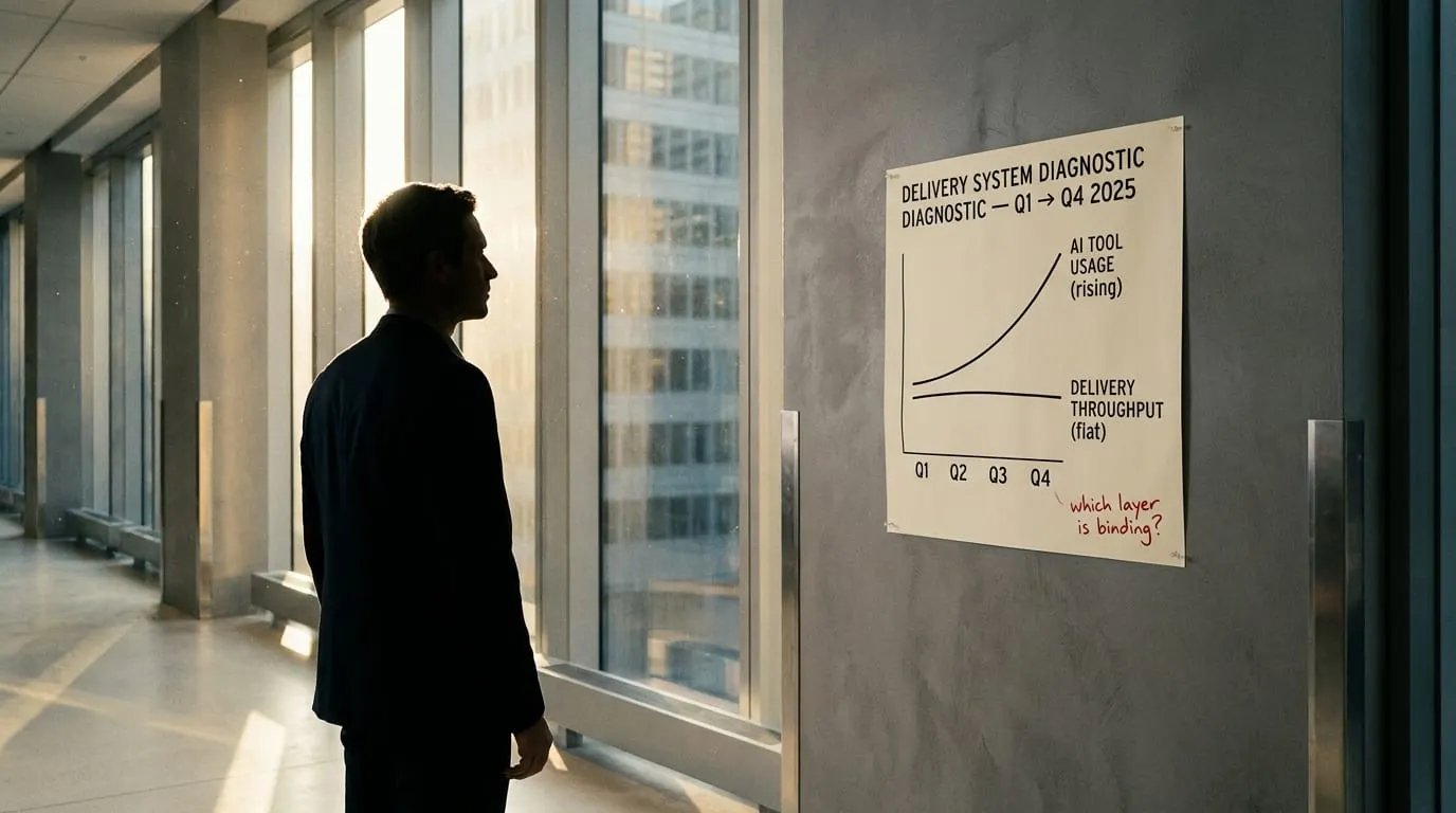 An operator silhouetted at a workstation reviewing a delivery-metrics chart where pull-request volume rises while merge rate stays flat.