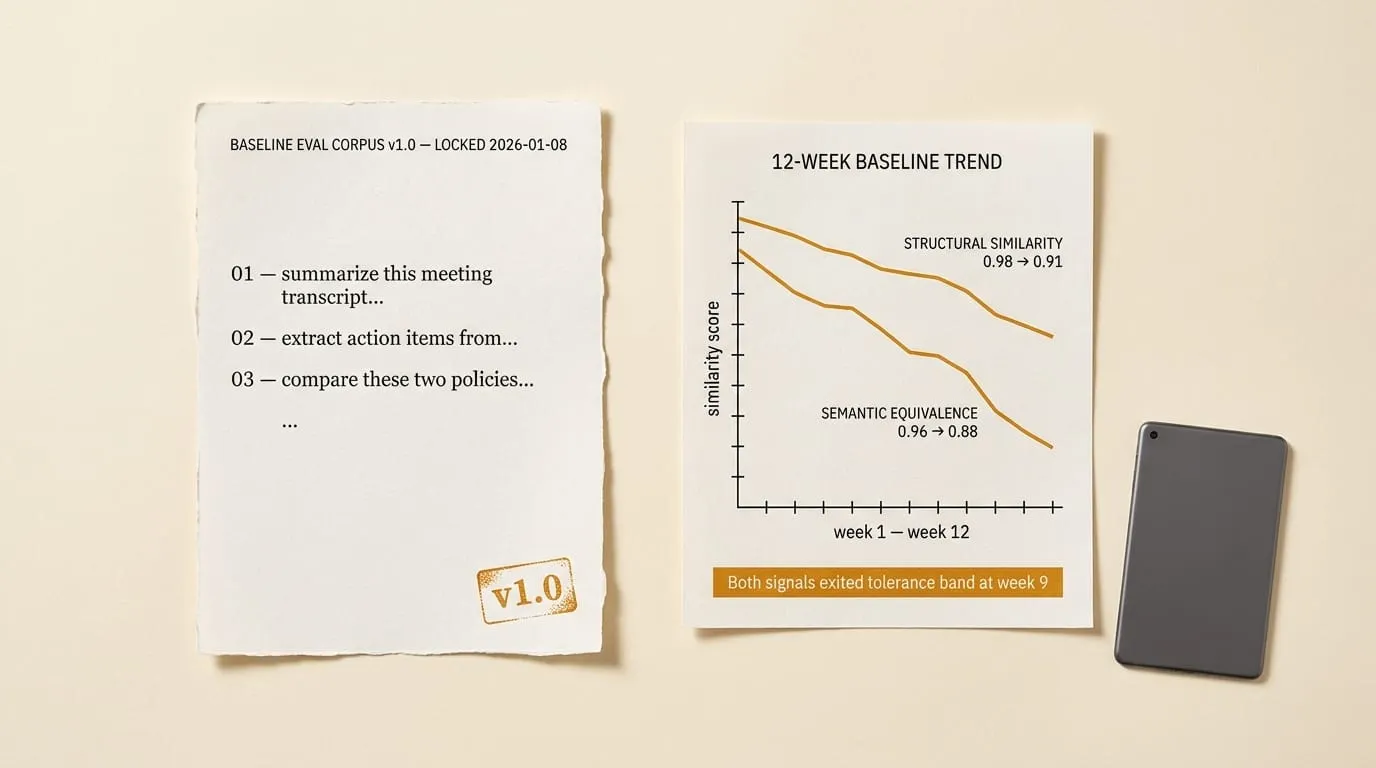 Paper-collage of a BASELINE EVAL CORPUS v1.0 document and a 12-week trend chart showing structural similarity 0.98→0.91 and semantic equivalence 0.96→0.88; both exited the tolerance band at week 9.