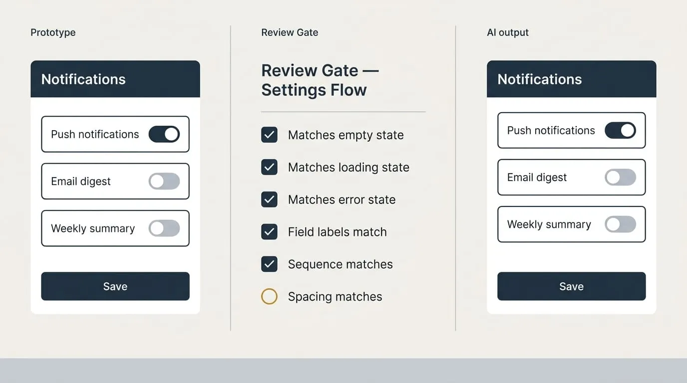 Three panels: a Notifications prototype, a Review Gate six-row verification checklist with Spacing matches in progress, and the AI output with tighter row spacing