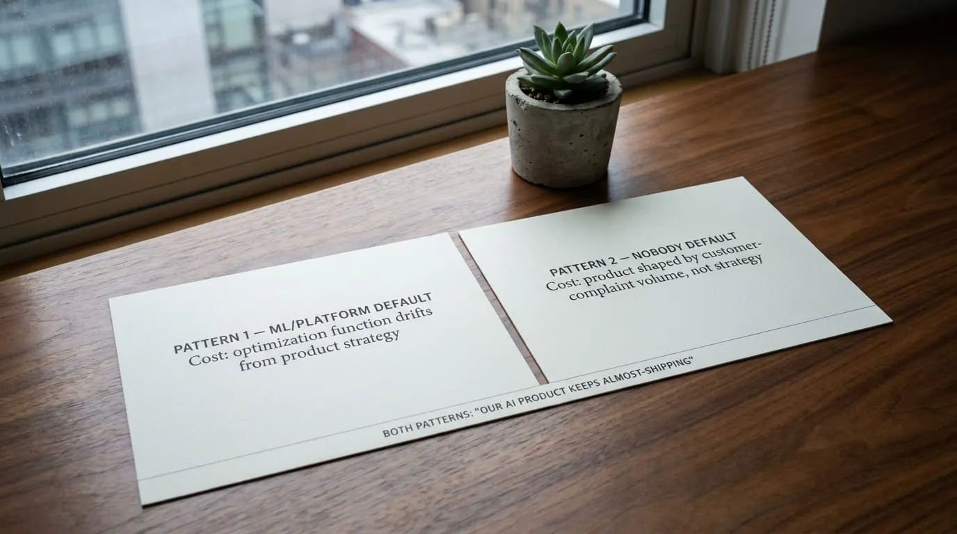 Two paired cards labeled "PATTERN 1: ML/PLATFORM DEFAULT" and "PATTERN 2: NOBODY DEFAULT" each name a cost, under the shared verdict "our AI product keeps almost-shipping".