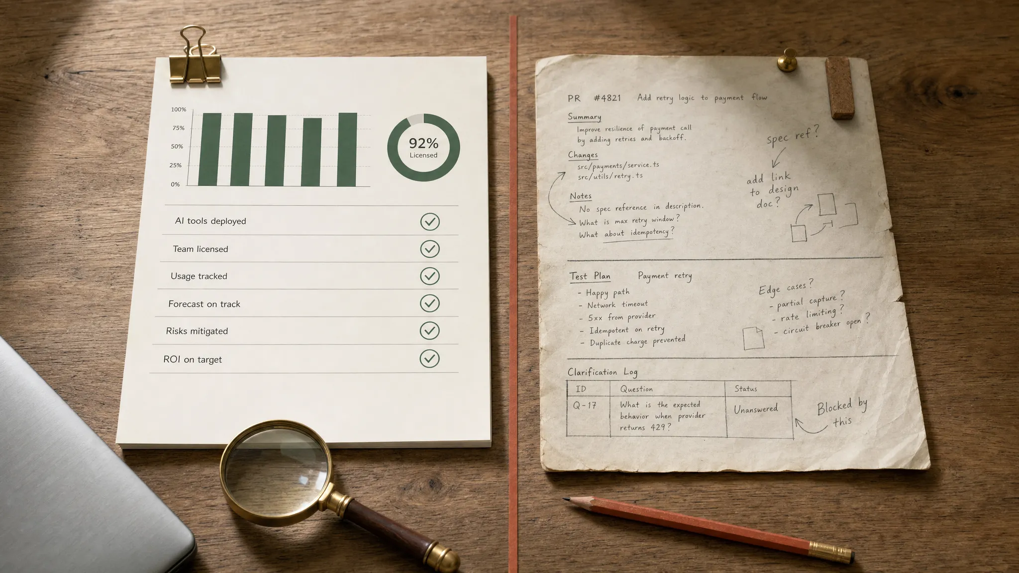 A diptych of the same team's work: 'What the dashboard sees' as a tidy report with green checkmarks, versus 'What the artifact shows' as an annotated PR, test plan, and clarification log.