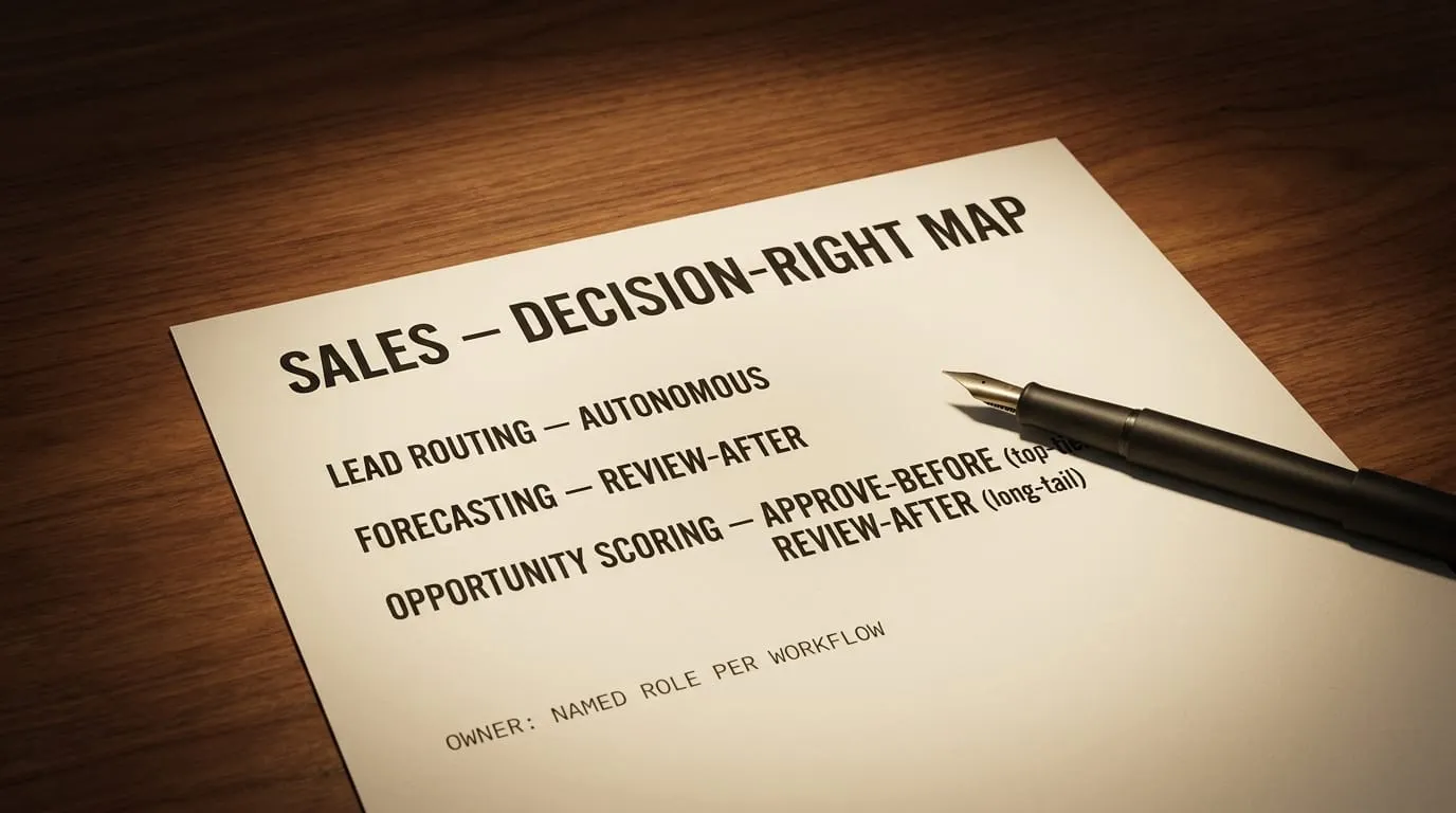 A Sales decision-right map on a walnut desk with three workflow rows mapping lead routing, forecasting and opportunity scoring to archetypes, plus a matte-black fountain pen across the corner.