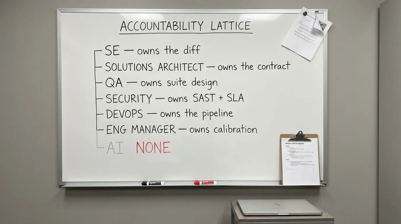 Whiteboard "Accountability Lattice" listing six human roles and their responsibilities, with a seventh row for AI marked "None" in red, outside the lattice.