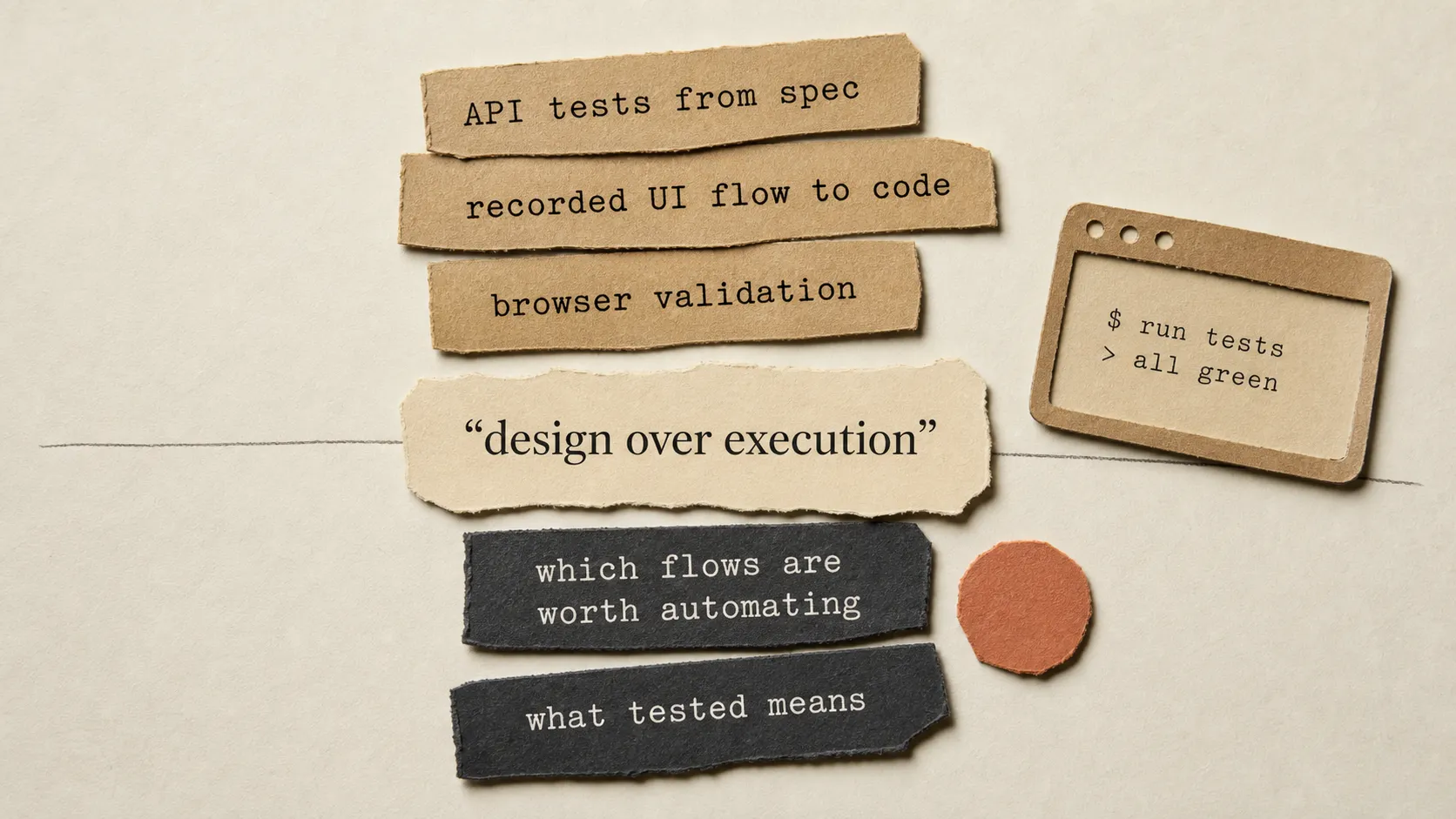 A paper collage labels writing API tests, converting recorded UI flows, and browser validation as baseline, and deciding which flows to automate and defining what "tested" means as the senior skill.